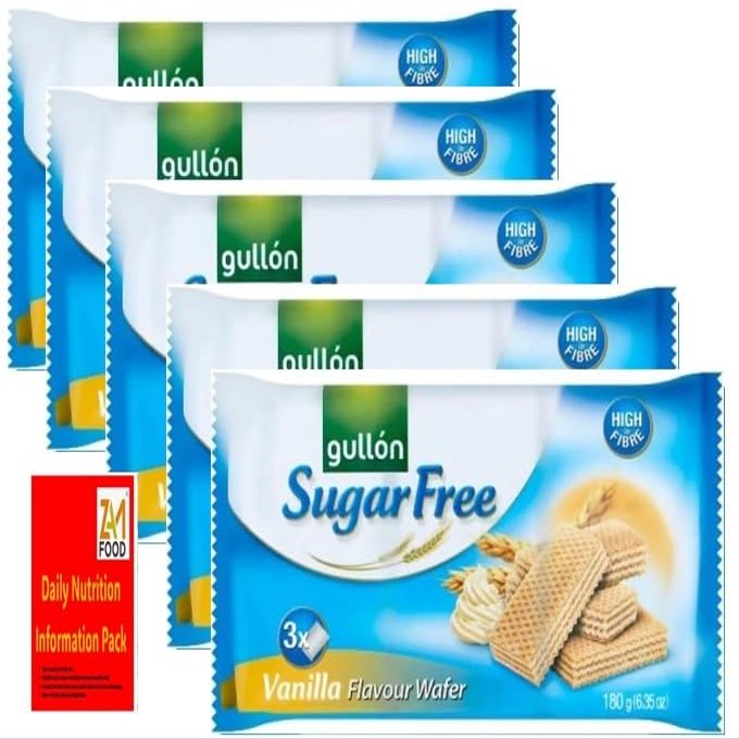 Gullon Sugar free Vanilla Wafers 180g pack of 5, Perfect for gifting, Healthy snacks foods with zamfoods nurtirion pack