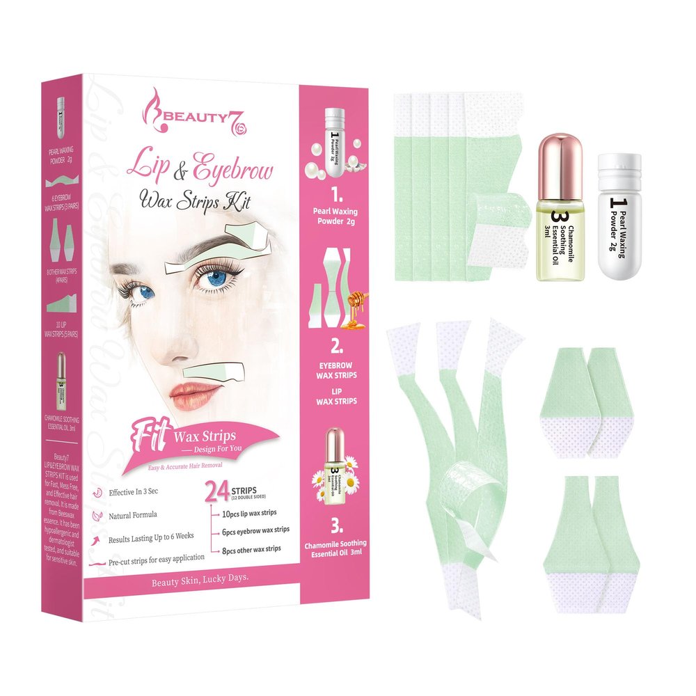 Beauty7 Wax Strip for Face, 10 Strips Lips + 6 Eyebrow + 8 Other Wax Strips with 2g Pearl Powder and 3ml Soothing Essential Oil After Care Facial Hair RemovaL