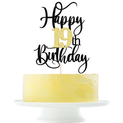Happy 19th Birthday Cake Toppers Glitter 19th Anniversary Cake Topper 19 Years Loved Bday Decorations 19 Gold Birthday Cake Decorations Nineteen Party Supplies for Women Men(Black Gold)