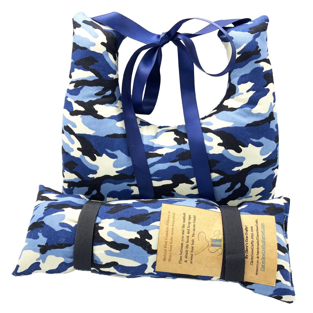 Customisable 10"x9" Underarm Cushion for Single Mastectomy Pillow Lumpectomy Augmentation Gift Set +10" Seatbelt Pad, Breast Cushion Pillow SLNB Top Surgery (Blue Camouflage)