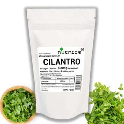 Nutrics 500mg (per Capsule) Cilantro Coriander 90 V Capsules (1 Month Supply) Free from fillers, Binders & Bulking Agents - Suitable for Vegan Vegetarian Diet