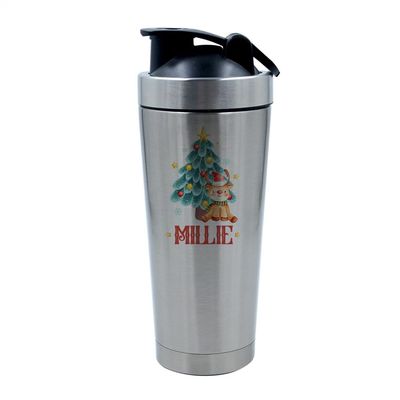 Getagift Personalised Christmas Reindeer Mug, Secret Santa, 500ml Aluminium Shaker Bottle for Supplement Shakes - Easy Clean, Durable Cup. (Silver)