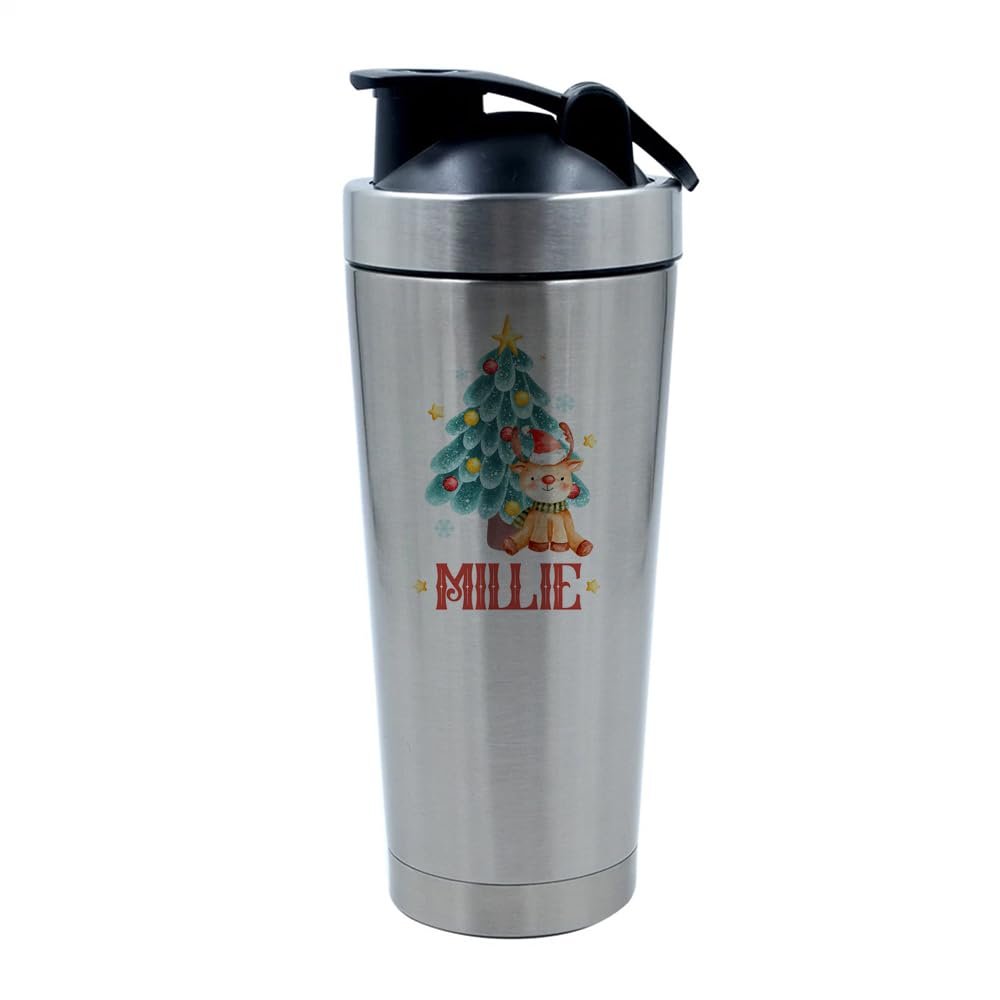 Getagift Personalised Christmas Reindeer Mug, Secret Santa, 500ml Aluminium Shaker Bottle for Supplement Shakes - Easy Clean, Durable Cup. (Silver)