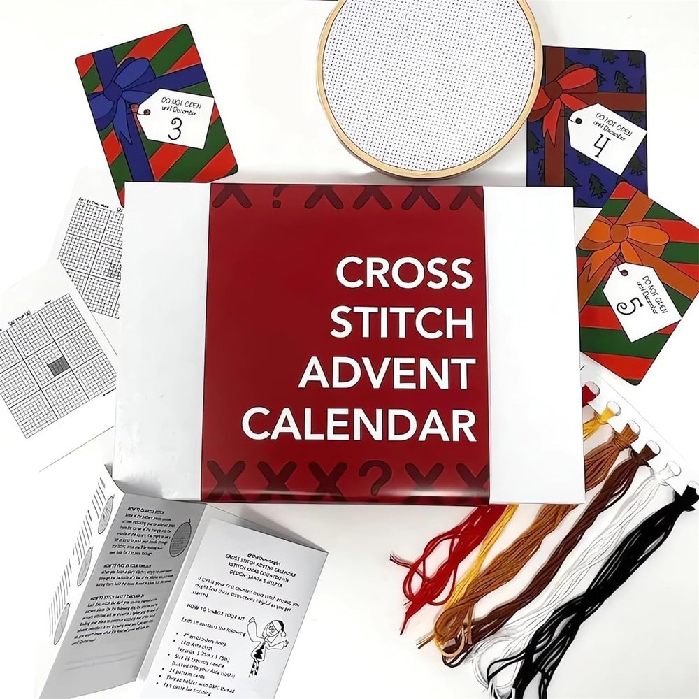 Cross Stitches Advent Calendar, 24 Days Cross Stitches Pattern Advent Calendar, Cross Stitches Ornament, Suitable for ladies teen girls (Red)