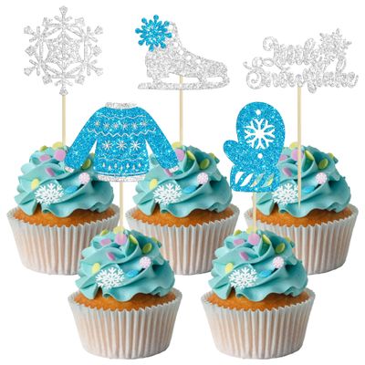 Gyufise 30Pcs Little Snowflake Cupcake Toppers Glitter Skate Shoe Gloves Sweater Cake Topper Decorations for Snowflake Theme Winter Wonderland Baby Shower Birthday Party Supplies Blue