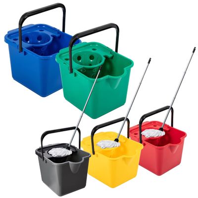 12L Blue, Green, Yellow, Red Or Metallic Cotton Mop & Bucket Set With Pouring Lip For Cleaning Floors & Tiled Surfaces (Green - Mop & Bucket, 2 Sets)