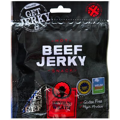 Beef Jerky by Get Jerky Trailhead, Devils Wrath Flavour, Multipack of 6 x 40g bags, Dried Meat Snack, High Protein Snacks for Gym, Fitness, Outdoor, Hiking - Gluten Free & Made with Premium Welsh Beef