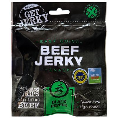 Beef Jerky by Get Jerky Trailhead, Black Pepper Flavour, Multipack of 6 x 40g bags, Dried Meat Snack, High Protein Snacks for Gym, Fitness, Outdoor, Hiking - Gluten Free & Made with Premium Welsh Beef