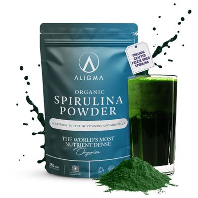 Aligma Organic Spirulina Powder 250g for Immune System Booster - Super Greens Powder Loaded with Vital Nutrients & High in Vitamins, Calcium, Gluten Free & Vegan Protein Powder |Resealable Package