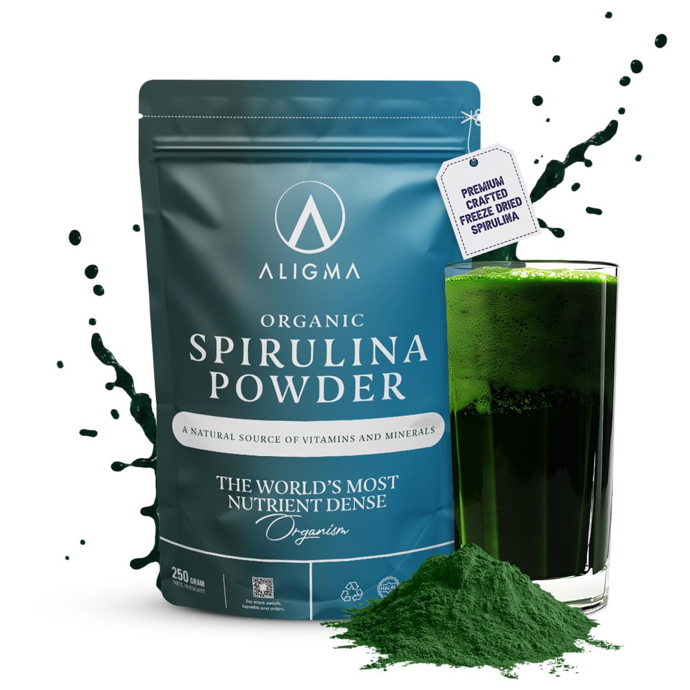 Aligma Organic Spirulina Powder 250g for Immune System Booster - Super Greens Powder Loaded with Vital Nutrients & High in Vitamins, Calcium, Gluten Free & Vegan Protein Powder |Resealable Package