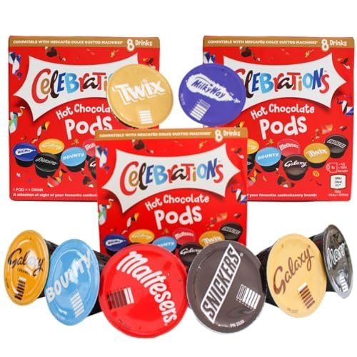 Celebrations Dolce Gusto Compatible Hot Chocolate Pods - Twix, Mars, Bounty, Snickers, Galaxy, Malteser, Milky Way & Galaxy Caramel (24 Pods)