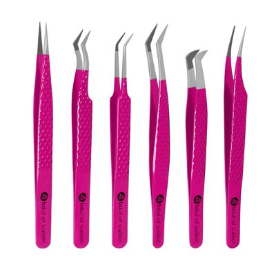 Abdul of Sialkot Fiber Tips Volume Tweezers for Eyelash Extensions, Set of 6,Volume Boot, Made with Perfection Micro Tip (6 Piece Set (Fiber Tip Pink)