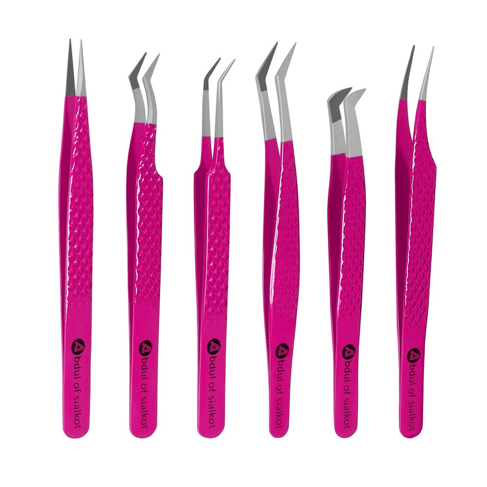Abdul of Sialkot Fiber Tips Volume Tweezers for Eyelash Extensions, Set of 6,Volume Boot, Made with Perfection Micro Tip (6 Piece Set (Fiber Tip Pink)