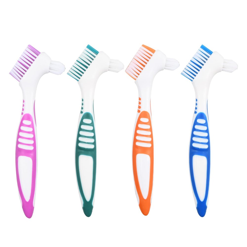 4 Pieces Denture Toothbrush, False Teeth Brush, Dental Denture Brushes, Denture Cleaning Brush Set, Double Stole Head Denture Cleaning Brush