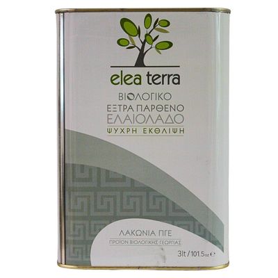 Elea Terra Organic Greek Extra Virgin Olive Oil 3L  Cold-Extracted EVOO, Acidity 0.8%, Glass-Like Freshness in Tin, Product of Laconia, Greece