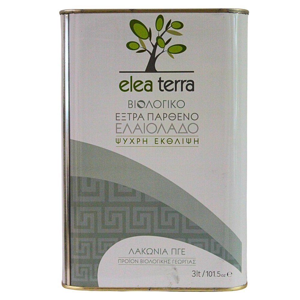 Elea Terra Organic Greek Extra Virgin Olive Oil 3L  Cold-Extracted EVOO, Acidity 0.8%, Glass-Like Freshness in Tin, Product of Laconia, Greece