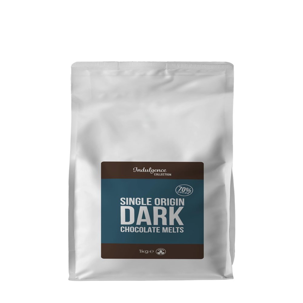 Indulgence Collection Dark Chocolate Melts, 1kg - 70% Cocoa. Hot Chocolate Buttons for Quick and Luxurious Dark Hot Choco Drink - Single Origin and Vegan - Resealable Bag