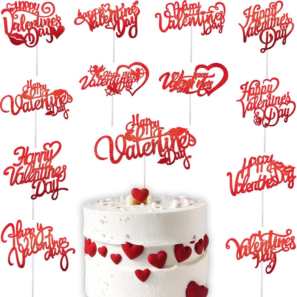 12 Styles Happy Valentine's Day Cake Topper Red Glitter Valentine Cake Topper Sweet Cupid Heart Cupcake Topper Food Picks Cake Decorations for Valentine's Day Wedding Gifts Party Suppliers