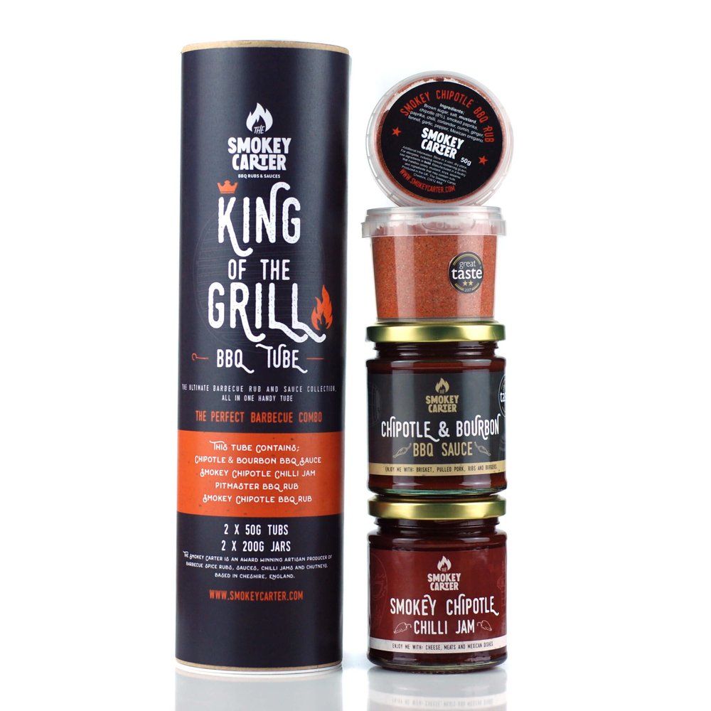 King of the Grill Gift Tube | The Smokey Carter | Chipotle Chilli Jam | Chipotle & Bourbon BBQ Sauce | Plus 2 BBQ Rubs | GREAT GIFT