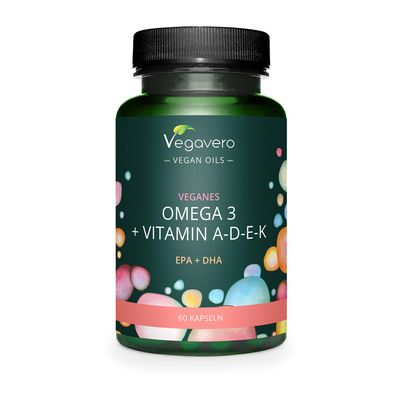 Vegavero Vegan Omega 3 + ADEK Vitamins | NO Additives | 60 Capsules | Algae Oil DHA & EPA | Lab-Tested