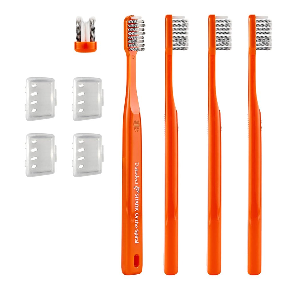 DUJINDENT Orthodontic Toothbrush for Braces [4 Packs][Made in Korea] V Trim Cutting Dupont USA Bristles Braces Toothbrush for Brackets and Wires Cleaning (Shark Ortho Spiral, 4 Pack)