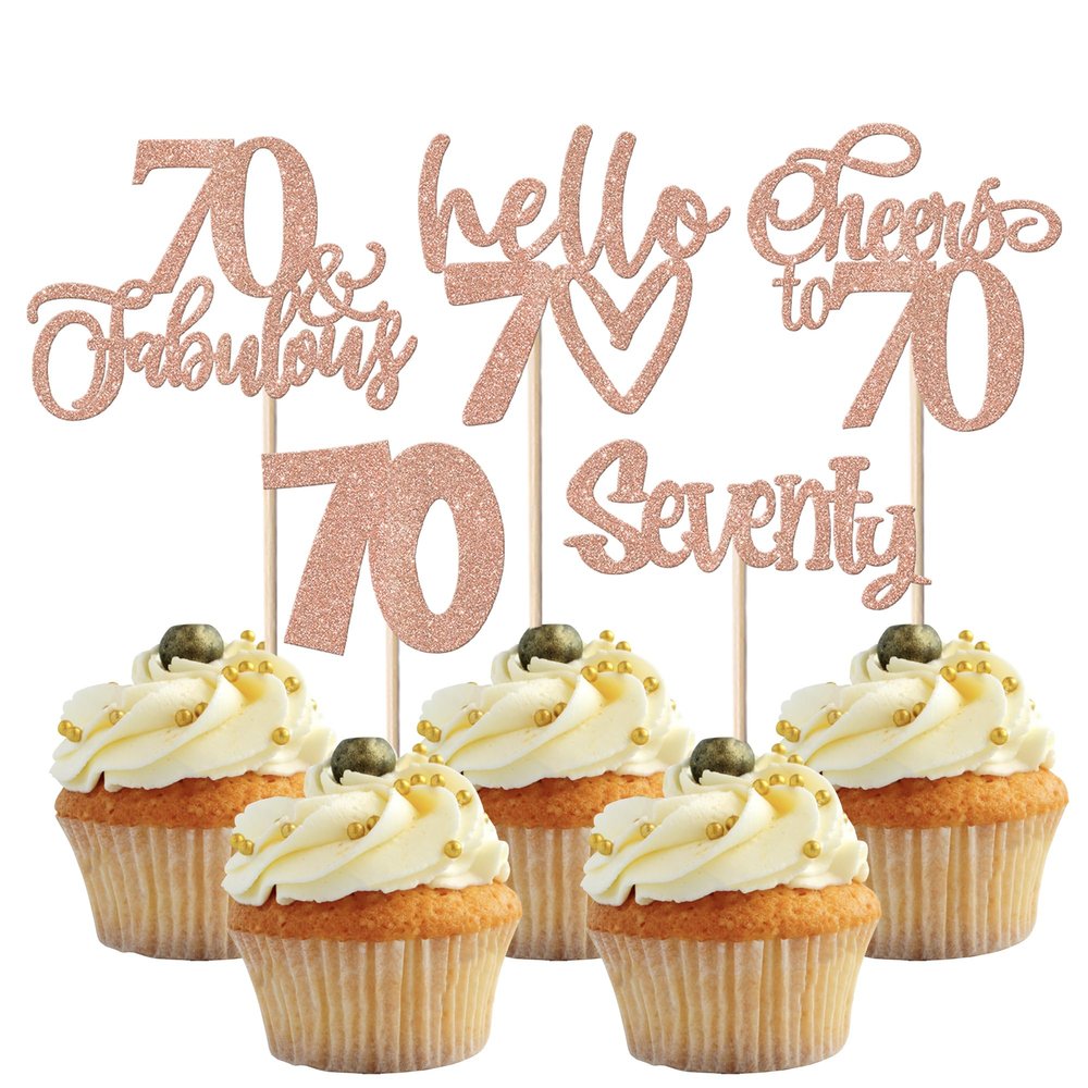 30 Pack 70th Birthday Cupcake Toppers Glitter Seventy Cheers to 70 Cupcake Picks Hello 70 Years Birthday Cake Decorations for Happy 70th Birthday Anniversary Party Supplies Rose Gold