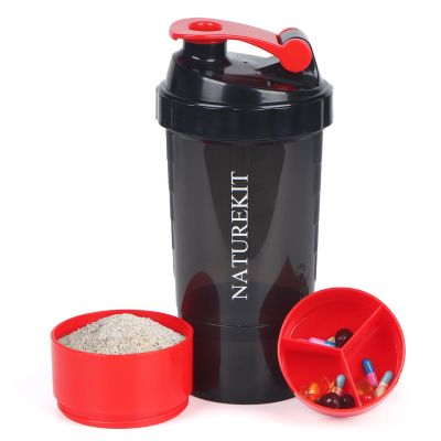 NATUREKIT Shaker Bottle,Protein Shaker with Powder Storage Container 18oz, Leak Proof and Durable, Gym Bottle Portable Pre Workout for Mix & Drink Shakes & Smoothies,Dishwasher Safe,BPA Free,Red