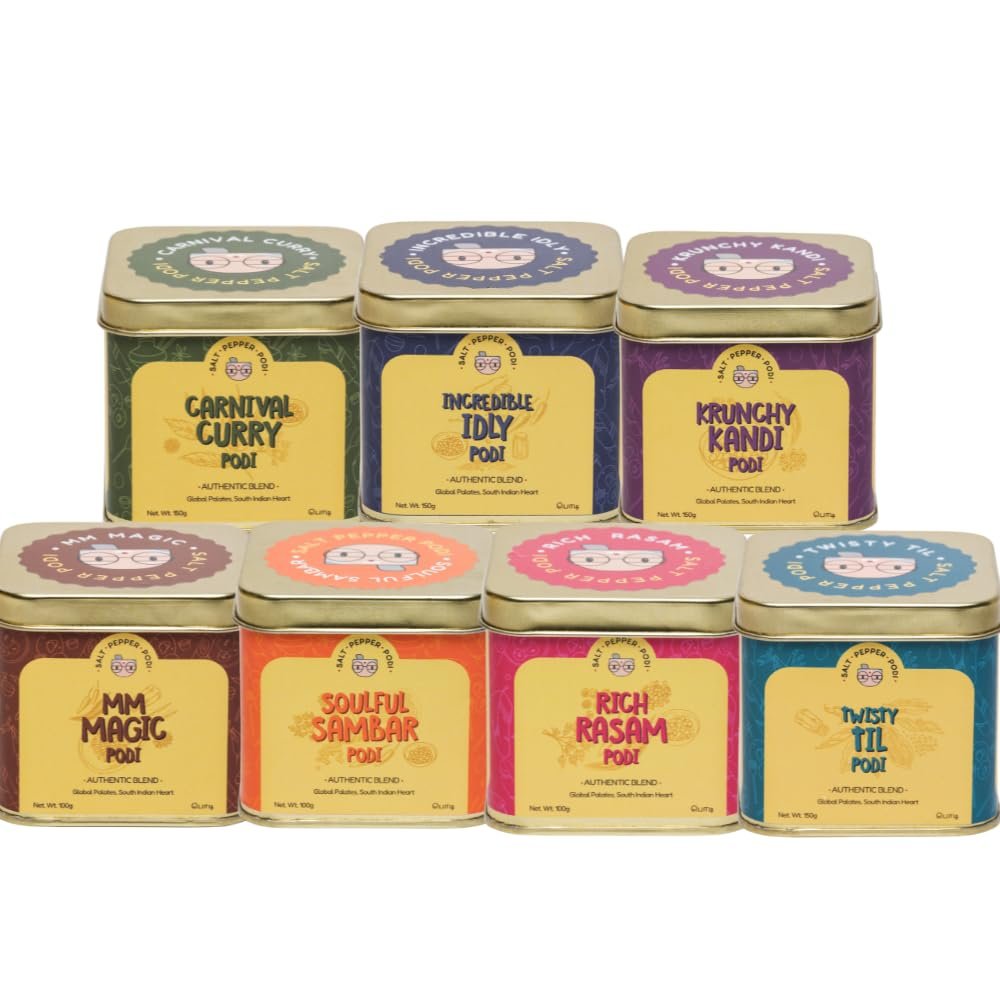 SALT PEPPER PODI | Tabletop Podi | Full Kit Combo | Curry Carnival+Incredible Idly+Krunchy Kandi+ MM Magic+Rich Rasam+Soulful Sambar+Twisty Til Podi | 4 Boxes 150g Each & 3 Boxes 100g Each