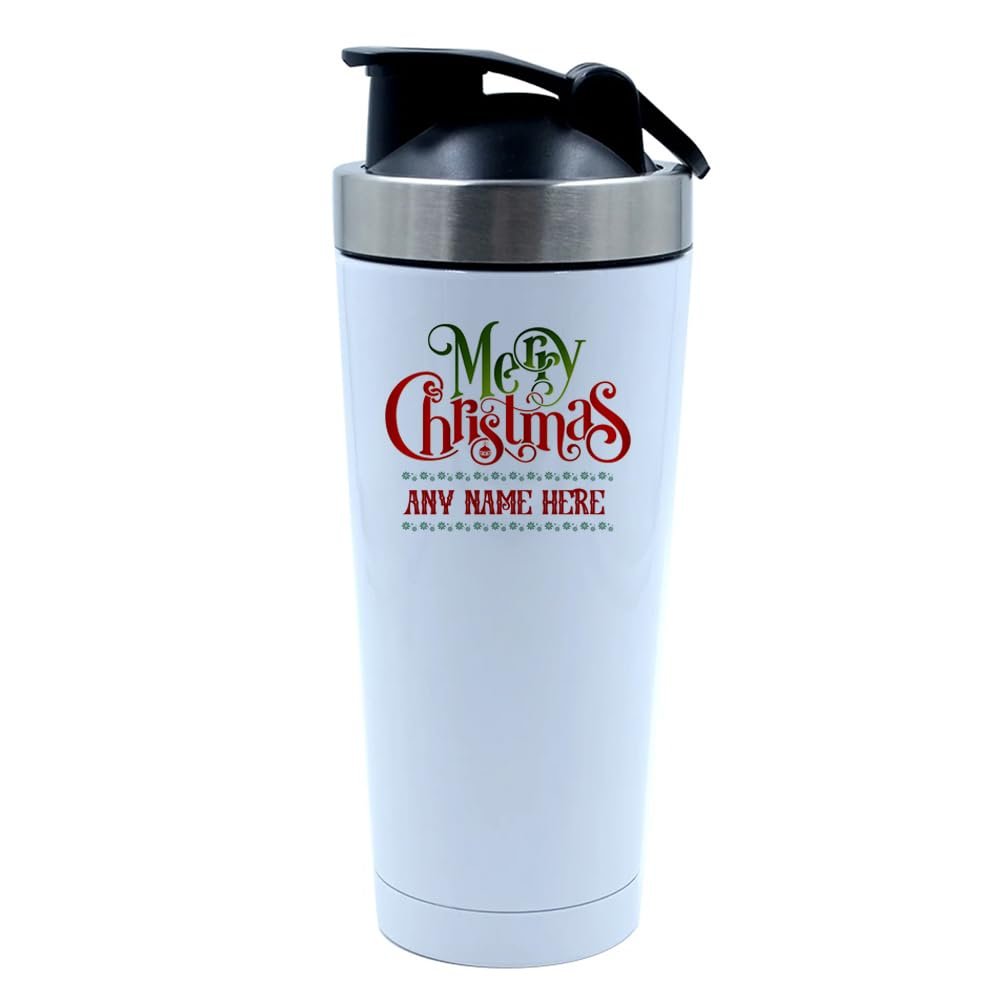 Getagift Personalised Merry Christmas With Name, festive Xmas Gift, 500ml Aluminium Shaker Bottle for Supplement Shakes - Easy Clean, Durable Cup. (White)