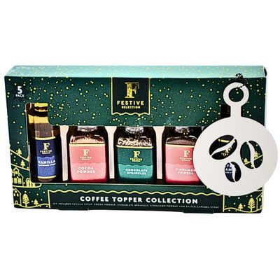 Coffee Gift Set | Coffee Syrup Gift Set | Coffee Topper Collection - Set Includes Cocoa Powder, Cinnamon Powder, Chocolate Sprinkle, Vanilla Syrup, Hazelnut Coffee Syrup - Gift Set For Him Her