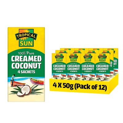 Tropical Sun 100% Pure Desiccated Creamed Coconut Sachets, 4 X 50g (Pack of 12) - For Food Sweetness & Flavor Enhancer