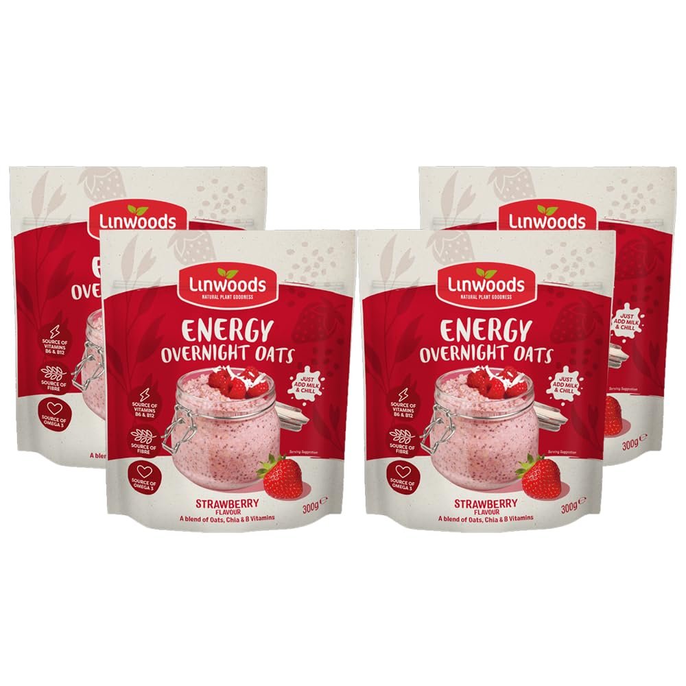 Linwoods Strawberry Energy Overnight Oats | 4 x 300g Porridge Oats | Healthy Breakfast Food | Vegan Friendly & Gluten Free