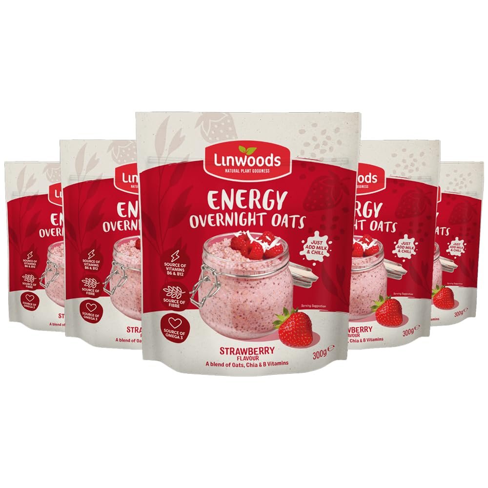 Linwoods Strawberry Energy Overnight Oats | 5 x 300g Porridge Oats | Healthy Breakfast Food | Vegan Friendly & Gluten Free