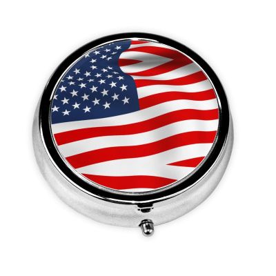 American Flag Patriotic Printed Circular Pill Box, Portable and Compact Pill Organizer, Ideal for Travel