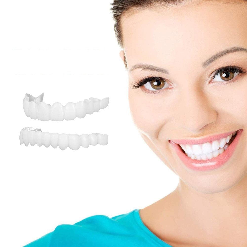 Brigtviee 2 Pairs Cosmetic Veneers Teeth Temporary Dentures Fake Teeth Instant Veneers Dentures Smile Teeth Veneers Top And Bottom Snap on Dentures Veneers Teeth for Men Women