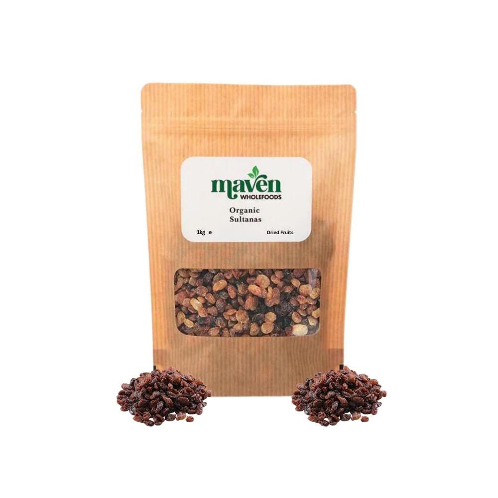 Maven Wholefoods Organic Turkish Sultanas 1kg Natural Dried Vine Fruit, High Fibre, Vegan & GMO Free, Ideal for Baking, Snacking & Cooking