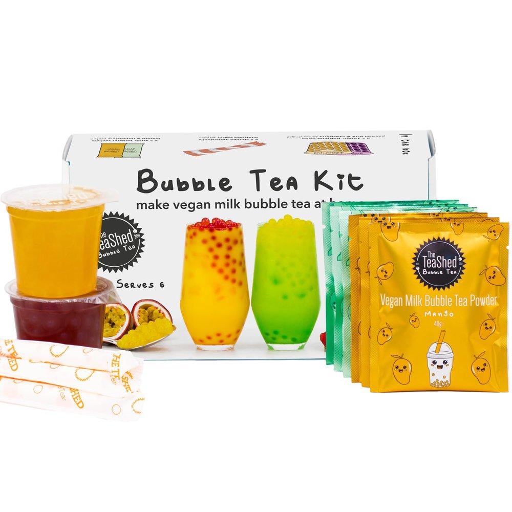 Vegan Milk Bubble Tea Kit Gift Set | 6 Servings | Set includes Mango and Melon powders, Passion Fruit and Raspberry Popping Boba and Paper Straws | By The TeaShed