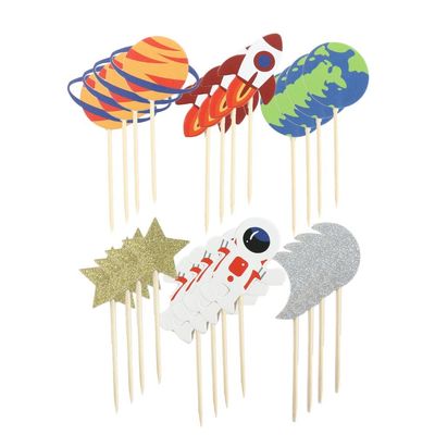 Pokinge 24 Pcs Creative Cupcake Topper, Outer Space Cake Decoration Funny Spaceship Themed Party Supplies Cartoon Astronaut Rocket Planet for Children(24Pcs)