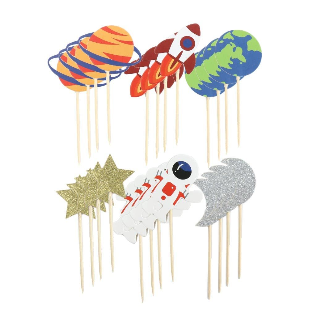 Pokinge 24 Pcs Creative Cupcake Topper, Outer Space Cake Decoration Funny Spaceship Themed Party Supplies Cartoon Astronaut Rocket Planet for Children(24Pcs)