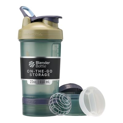 BlenderBottle Shaker Bottle with Pill Organizer and Storage for Protein Powder, Classic V2 ProStak System, 22-Ounce, Tan