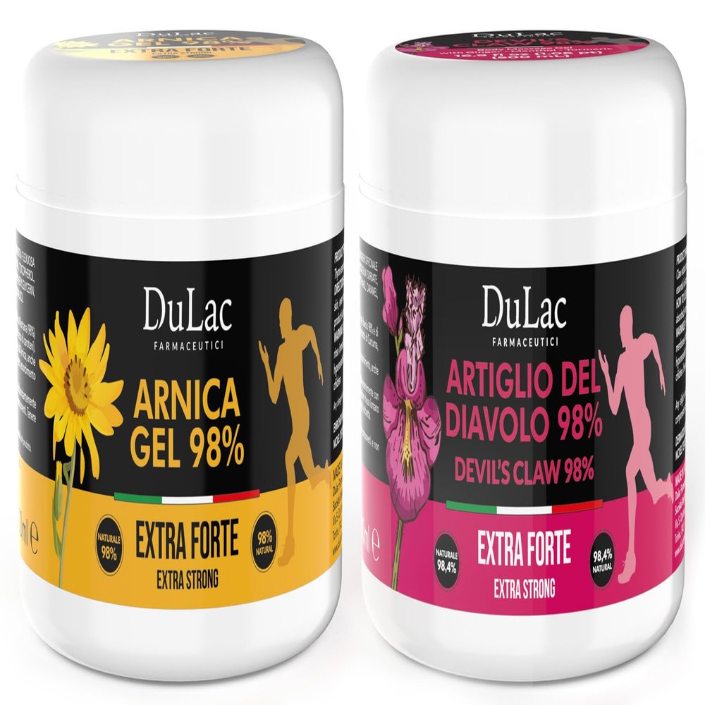 DuLc, 98% Devil's Claw and 98% Arnica Gel, Body Cream Gel Set 2 x 500 ml, For Massaging the Skin of Muscles and Joints, Dermatologically Tested, Nickel Tested, Made in Italy, 1000 ml