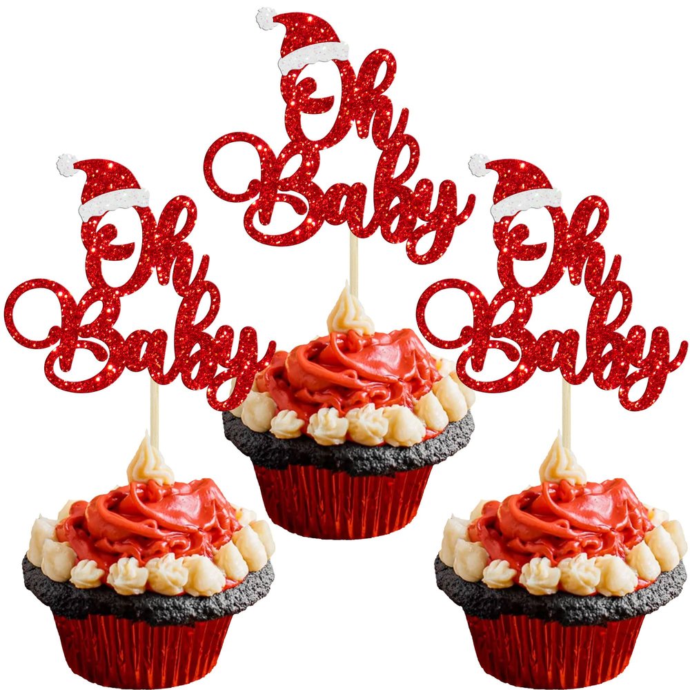 Gyufise 24Pcs Christmas Cupcake Toppers Glitter Santa Oh Baby Cupcake Picks Toppers for Winter Baby Shower Kids Birthday Christmas Party Supplies Red