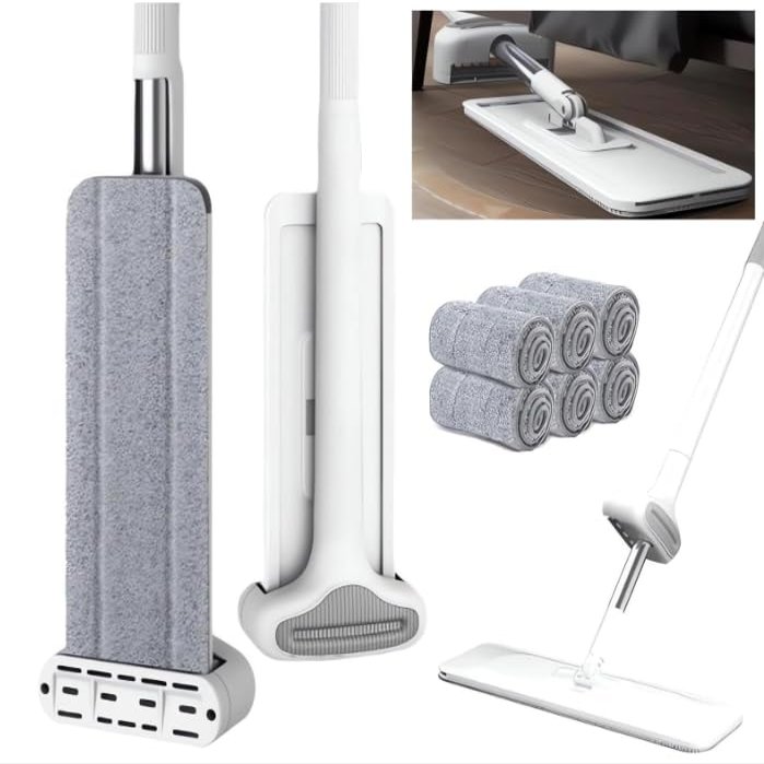 2024 New Lazy Person's Self-Washing Flat Mop, 360 Rotatable Flat Cleaning Mop, Self Wringing Flat Mop for Wet & Dry Use, Hands-Free Microfiber Mops for Floor/Hardwood Cleaning (With 6 Cloths)