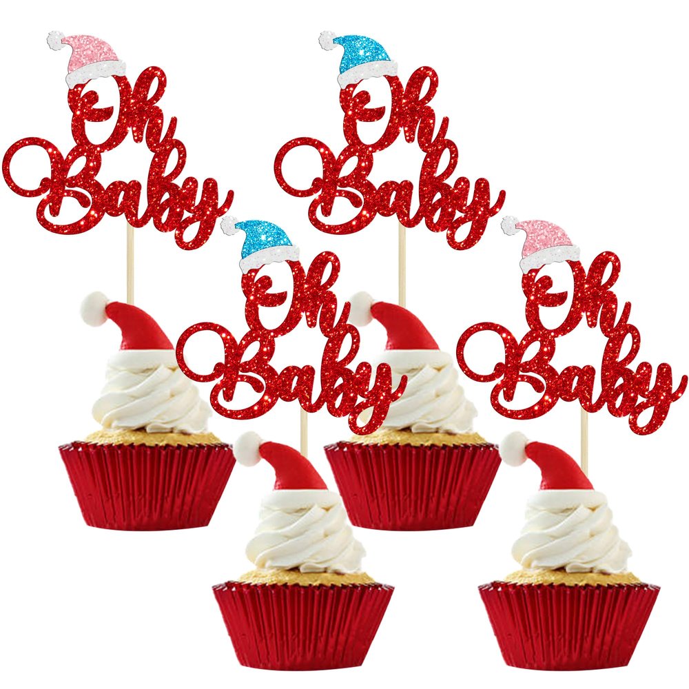 Gyufise 24 Pcs Christmas Cupcake Toppers - Blue, Pink, Red Glitter, Santa, Oh Baby Cupcake Picks Decorations for Winter, Christmas, Birthday Party Supplies