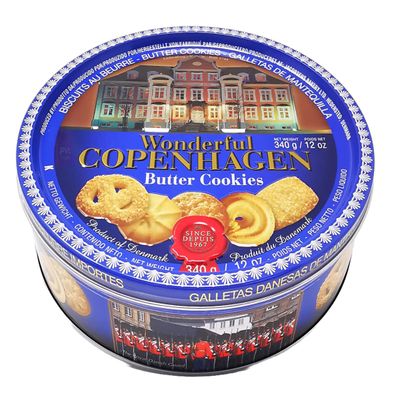 Danish Butter Cookies 340g (12 Ounce) with 32% Butter Content - in Wonderful Copenhagen Tin with Embossed Lid by Jacobsens of Denmark - Traditional Biscuit Tin Gift