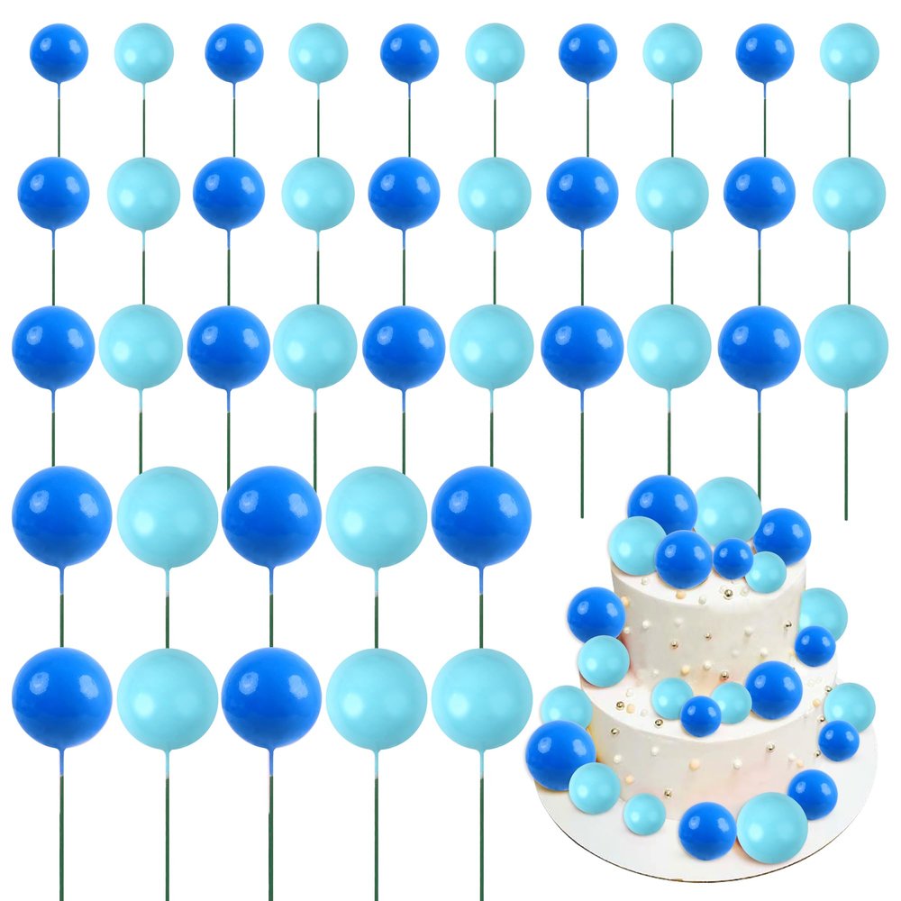 Keaziu 40 Pack Ball Cupcake Toppers Pearl Balls Cake Blue Combination DIY Cake Insert Toppers Foam Ball Cupcake Picks Mini Balloon for Wedding Baby Shower Anniversary Birthday Party Supplies Blue