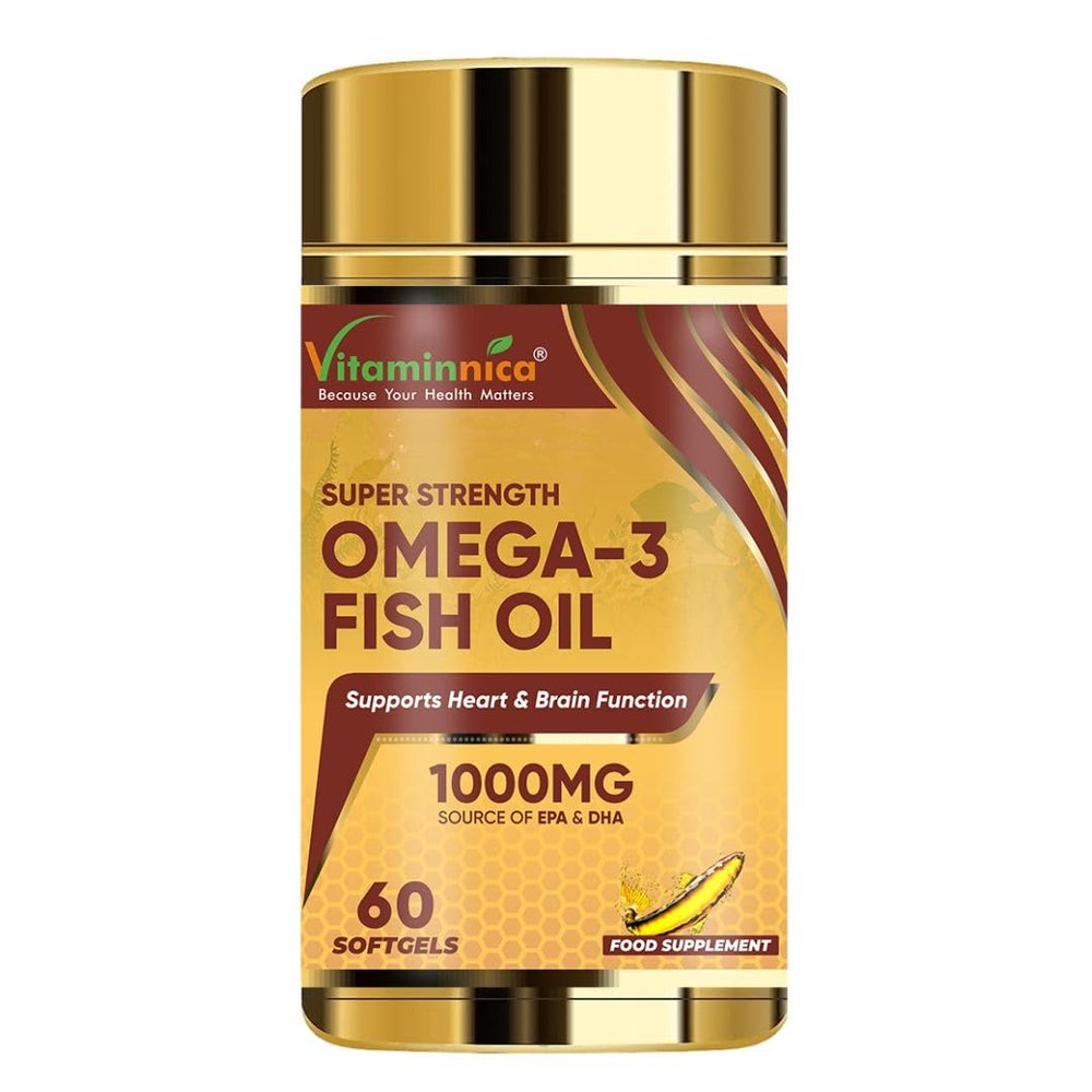 Vitaminnica Omega 3 Fish Oil Softgels Fatty Acids Great for Eyes, Skin, Heart, Joints & Brain Health || Double Strength (EPA & DHA) for Men and Women | 60 Softgels |