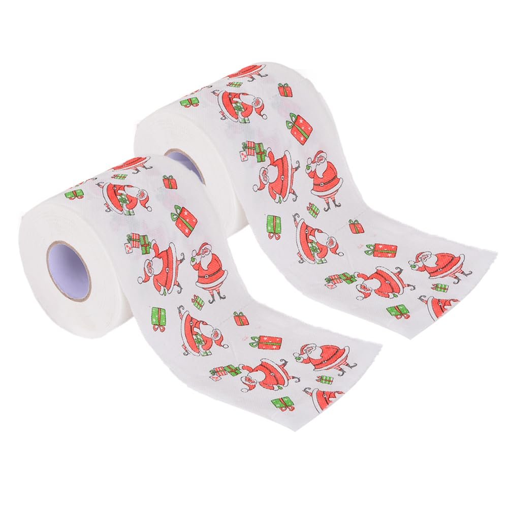2 Roll Christmas Toilet Paper, Christmas Toilet Tissue Paper Rolls, Santa Merry Christmas Pattern Toilet Rolls Home Bath Toilet Roll Paper for Christmas Party Home Supplies (D)