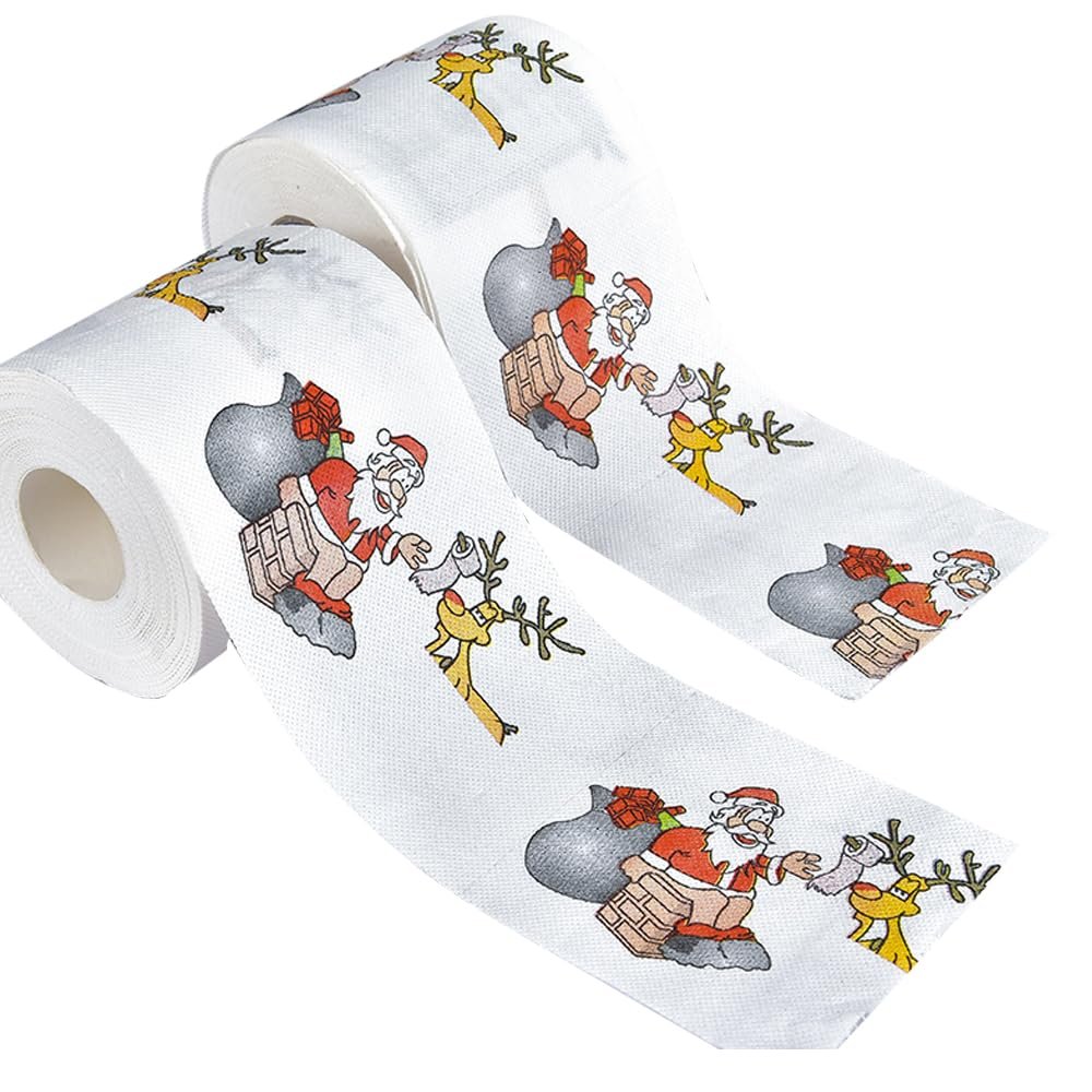 2Rolls Christmas Toilet Paper 2-Ply, Novelty Bath Toilet Roll, Funny Christmas Themed Tissue Napkin Trick Gift for Holiday (A)