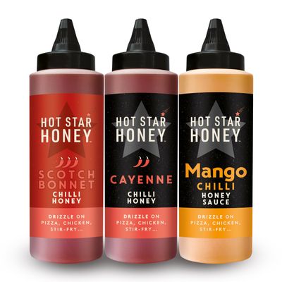 Hot Star Honey Hot Honey Gift Set  Includes Scotch Bonnet, Cayenne Chilli & Mango Chilli Honey Sauce  100% Natural, No Additives  Best for Chicken, Pizza, Steak & Noodles  Made in UK  1060g